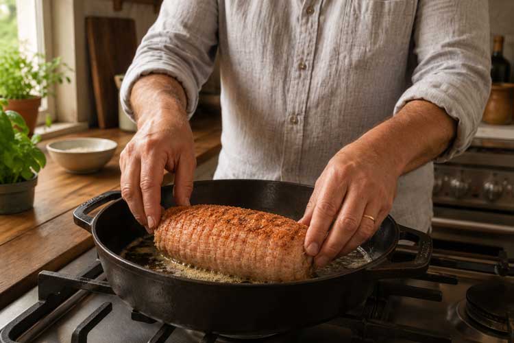 Als de boter begint te bruisen, leg je de kiprollade in de pan en bak je het vlees rondom aan