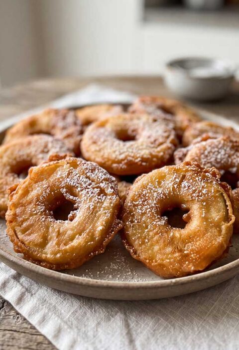 Een schaal met verschillende appelbeignets, lichtjes bestrooid met poedersuiker.