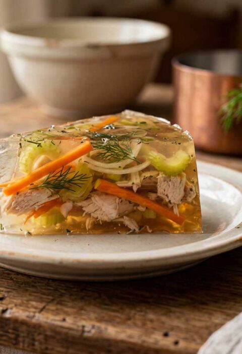 Aspic maken met kipdijfilet, winterwortel en bleekselderij