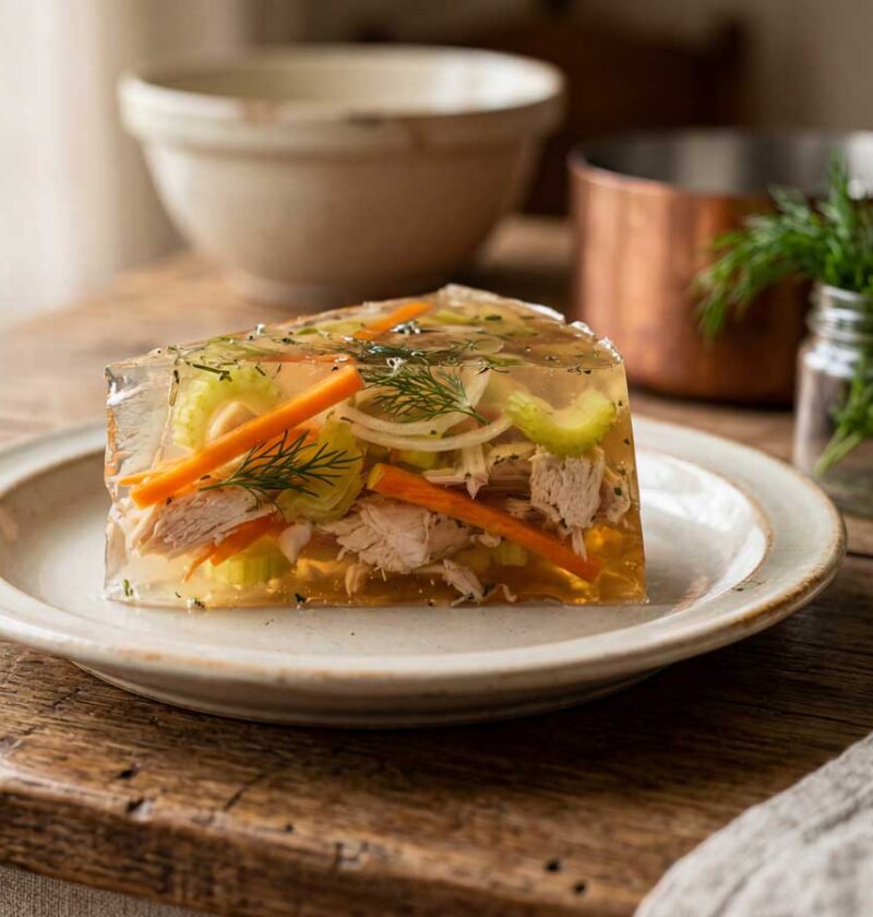 Aspic maken met kipdijfilet, winterwortel en bleekselderij