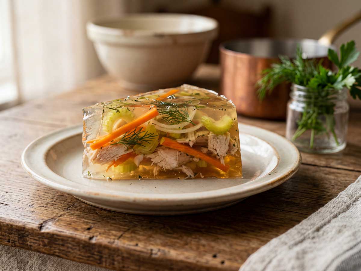 Aspic maken met kipdijfilet, winterwortel en bleekselderij