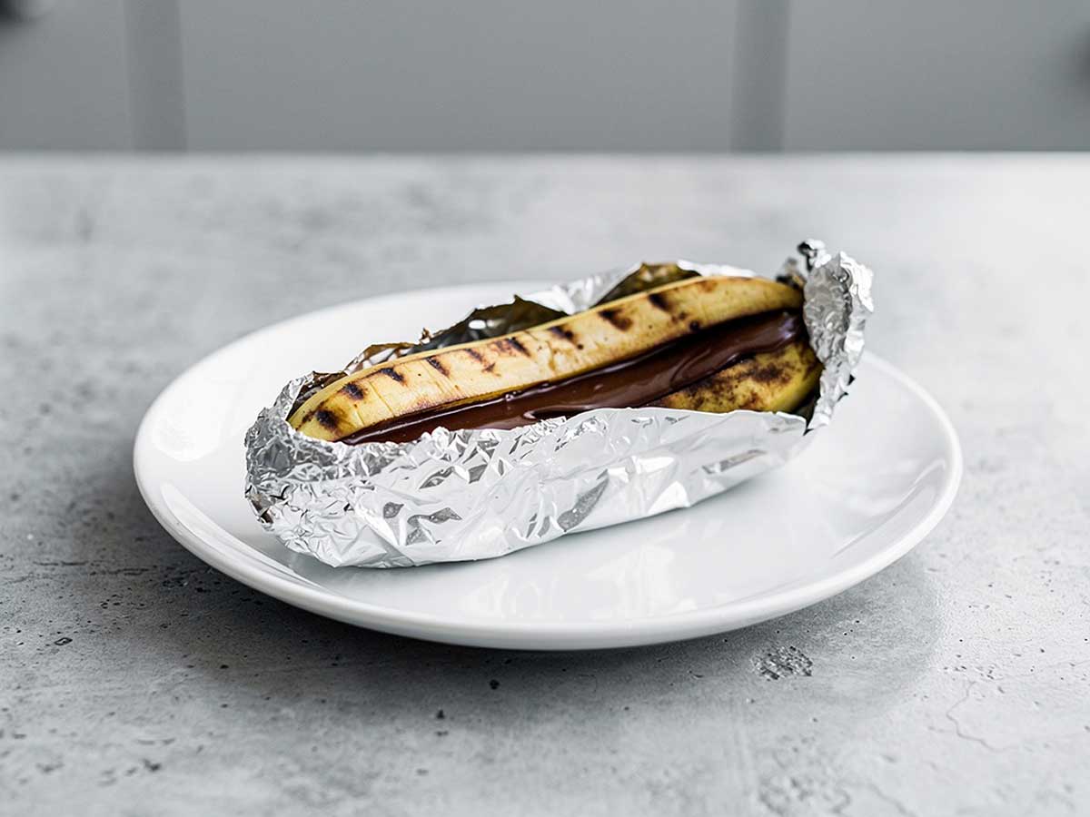 Een op de BBQ gebakken banaan met chocolade.