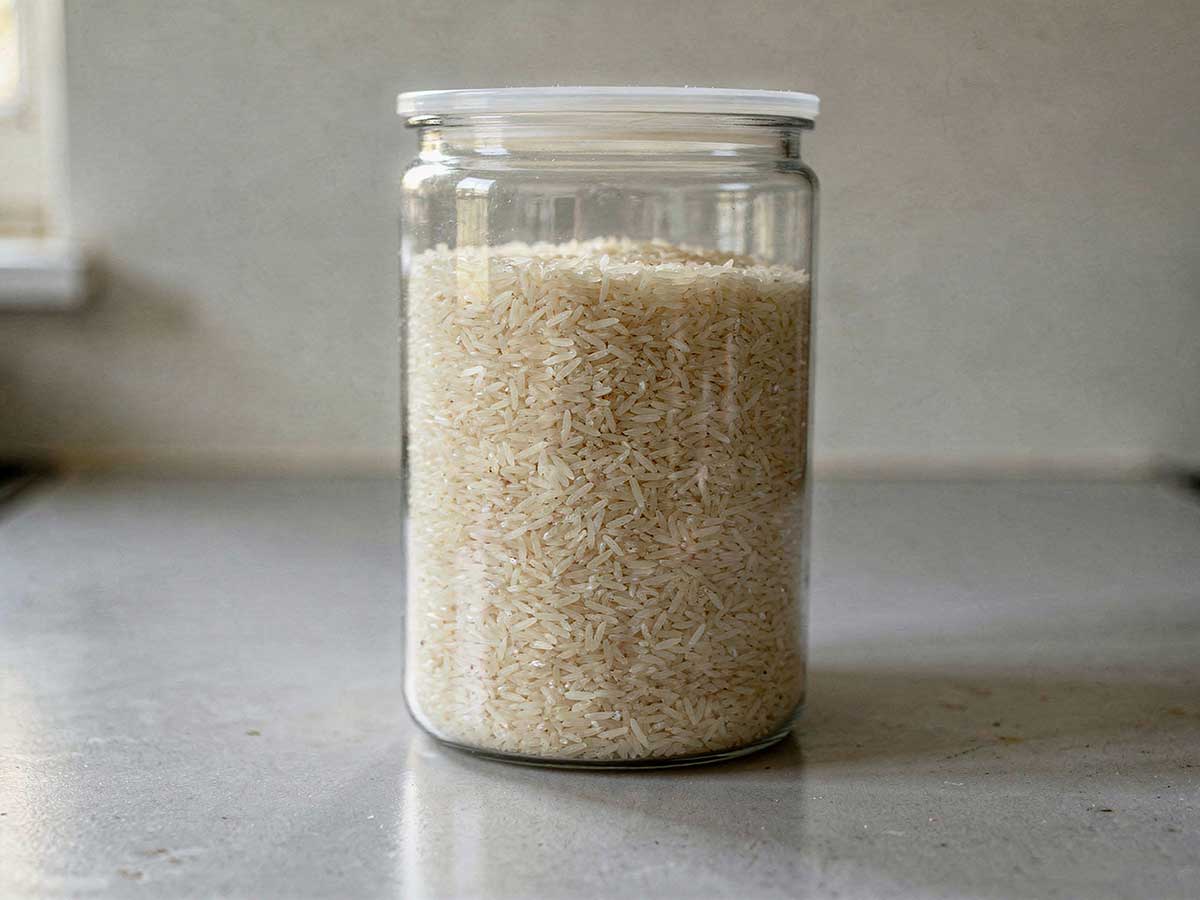 Een grote voorraadbus vol met droge basmati rijst.