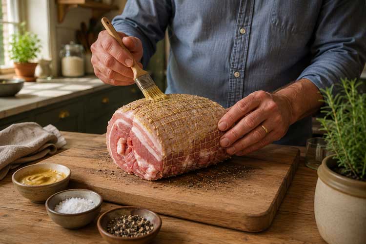 Bestrijk de rollade licht met mosterd en bestrooi met zout en peper.