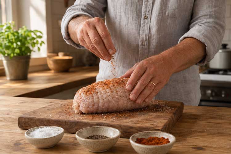 Bestrooi de kiprollade rondom met zout, peper en eventueel paprikapoeder