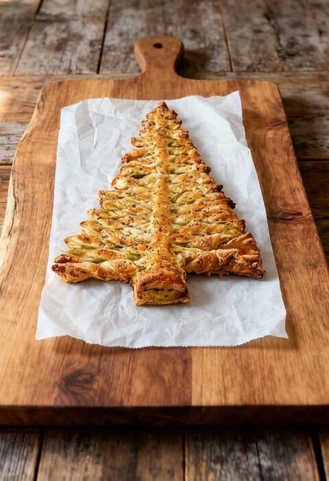 Een prachtige zelfgemaakt kerstboom van bladerdeeg.