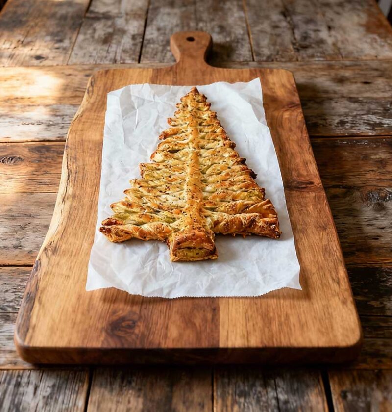Een prachtige zelfgemaakt kerstboom van bladerdeeg.