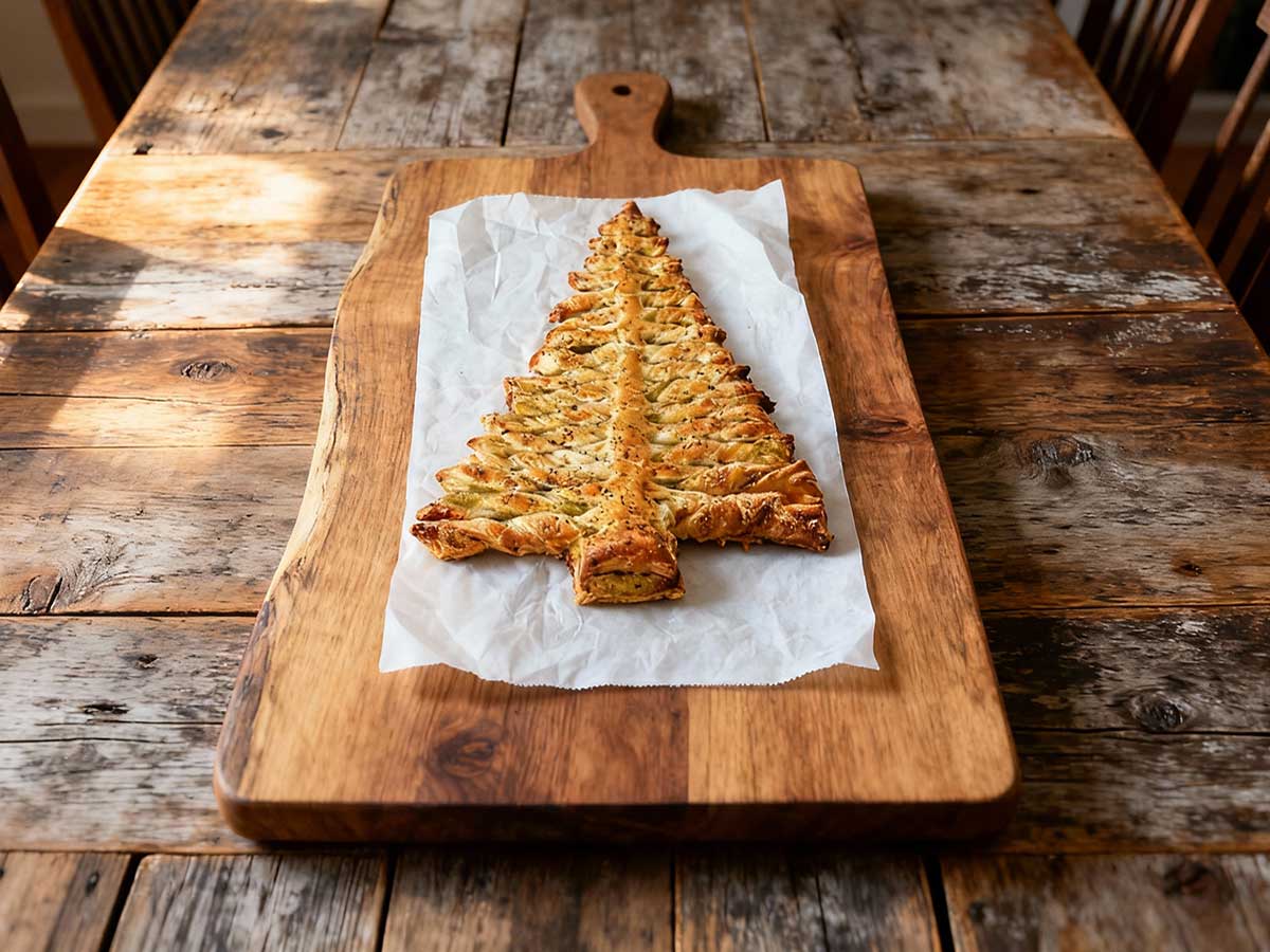 Een prachtige zelfgemaakt kerstboom van bladerdeeg.