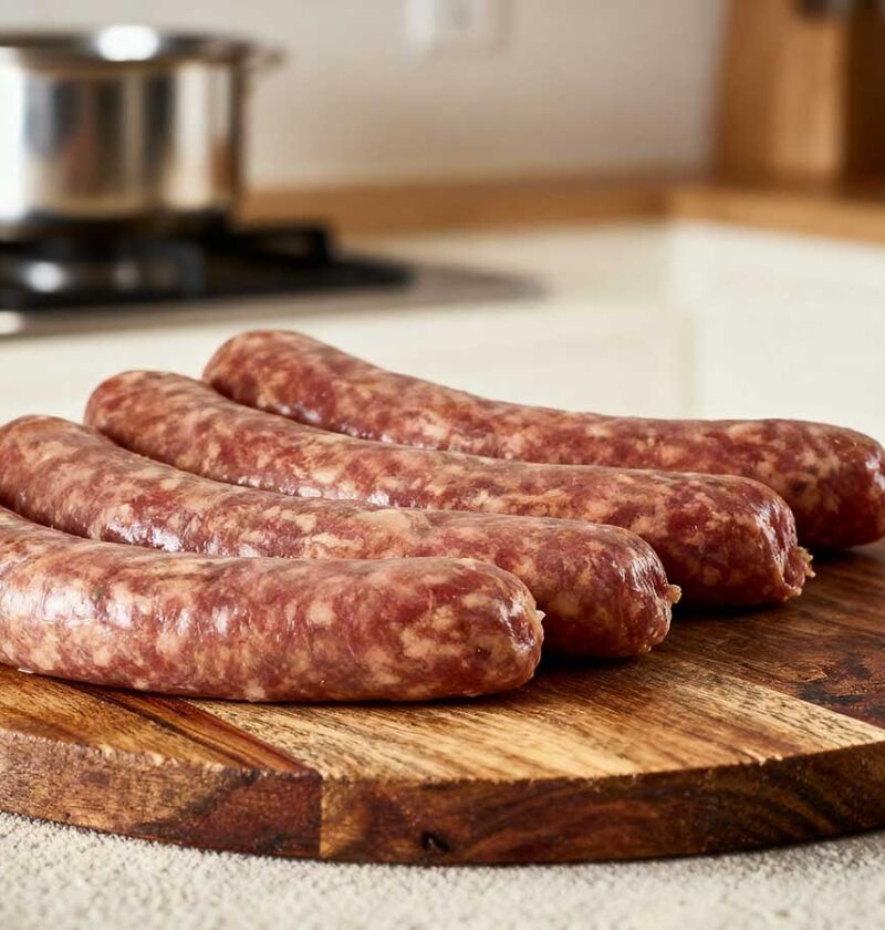 4 boerenworsten liggen op een snijplank, klaar om gebakken te worden.
