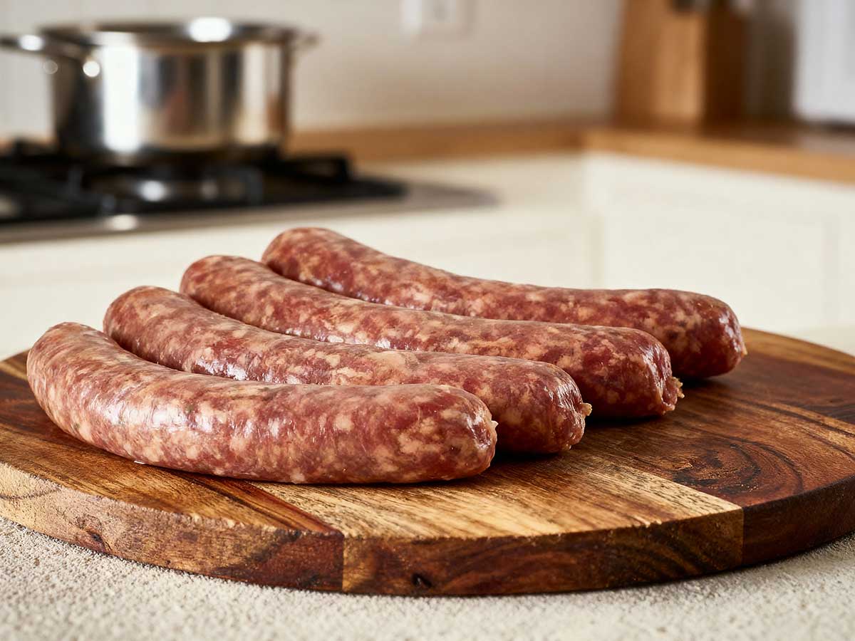4 boerenworsten liggen op een snijplank, klaar om gebakken te worden.