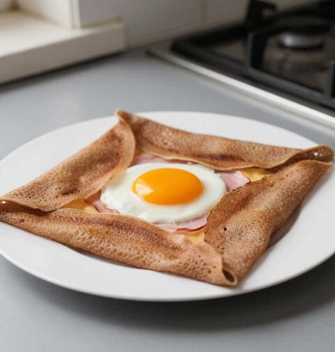 Een bretonse galette met een spiegelei in het midden.