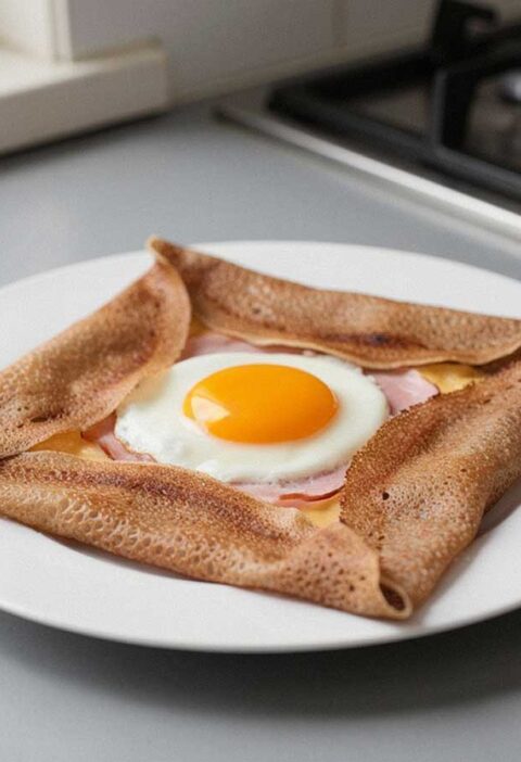Een bretonse galette met een spiegelei in het midden.