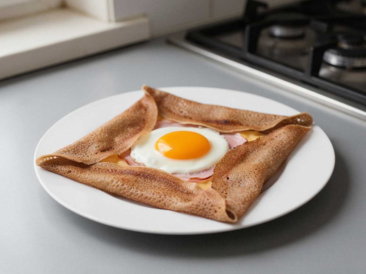 Een bretonse galette met een spiegelei in het midden.