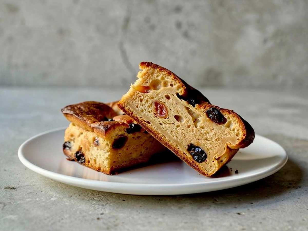 2 stukken broodpudding op een wit bordje.