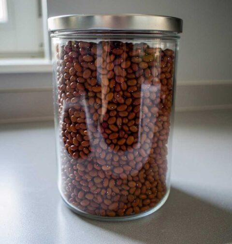 Een grote voorraadbus vol met gedroogde bruine bonen, om te koken.