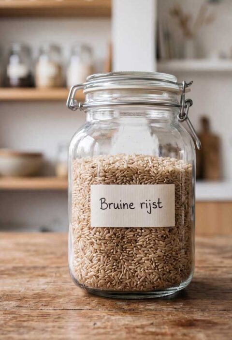 Bruine rijst koken in een pan met 750 milliliter water