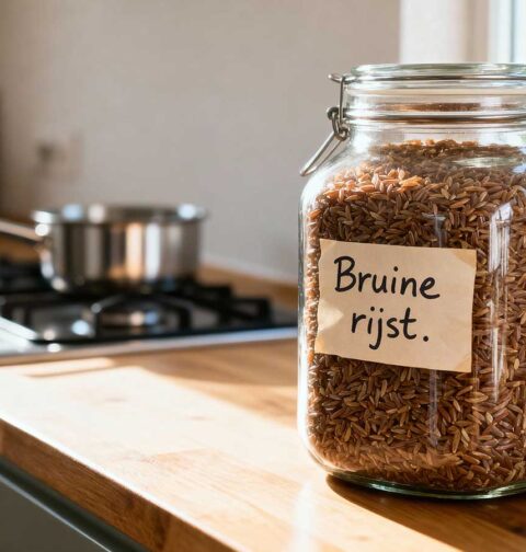 Een grote voorraadbus vol met bruine rijst.