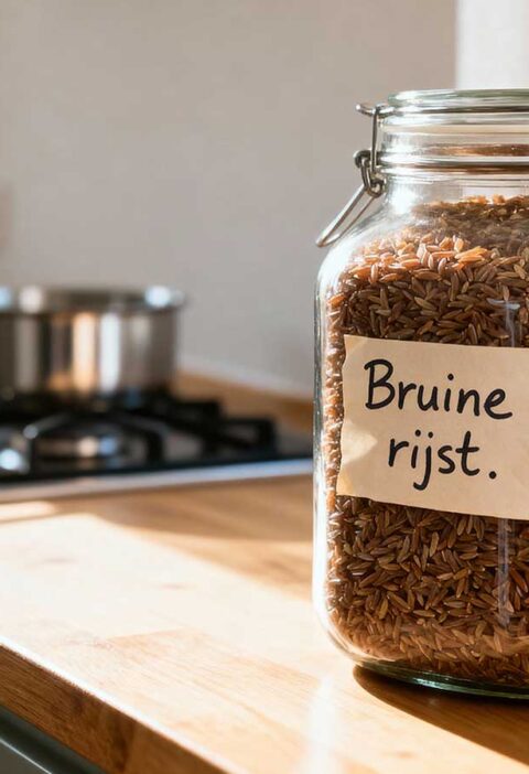 Een grote voorraadbus vol met bruine rijst.