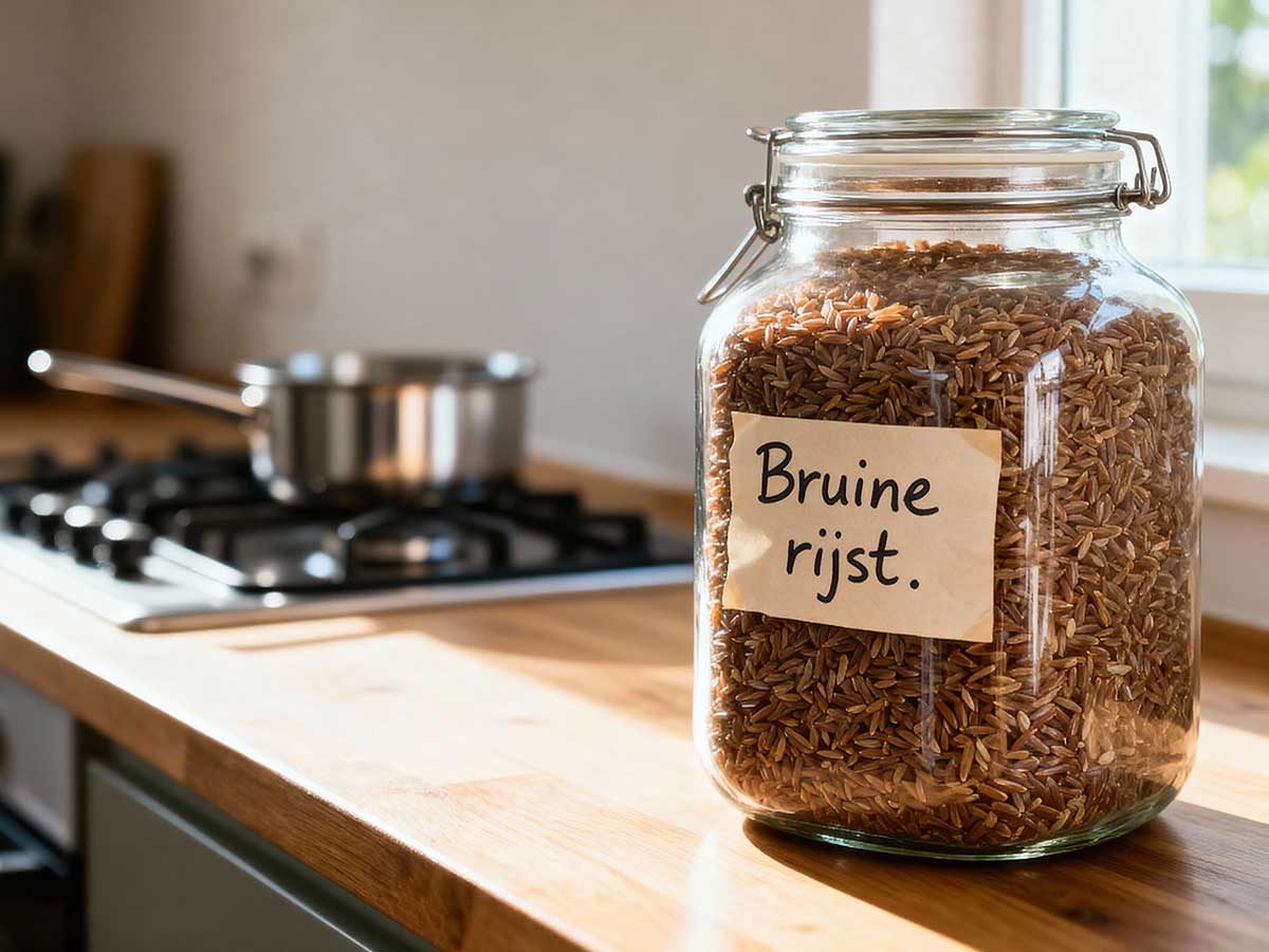 Een grote voorraadbus vol met bruine rijst.