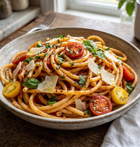 Bucatini koken in een grote pan