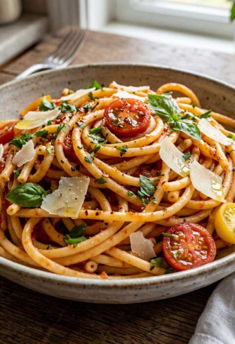 Bucatini koken in een grote pan