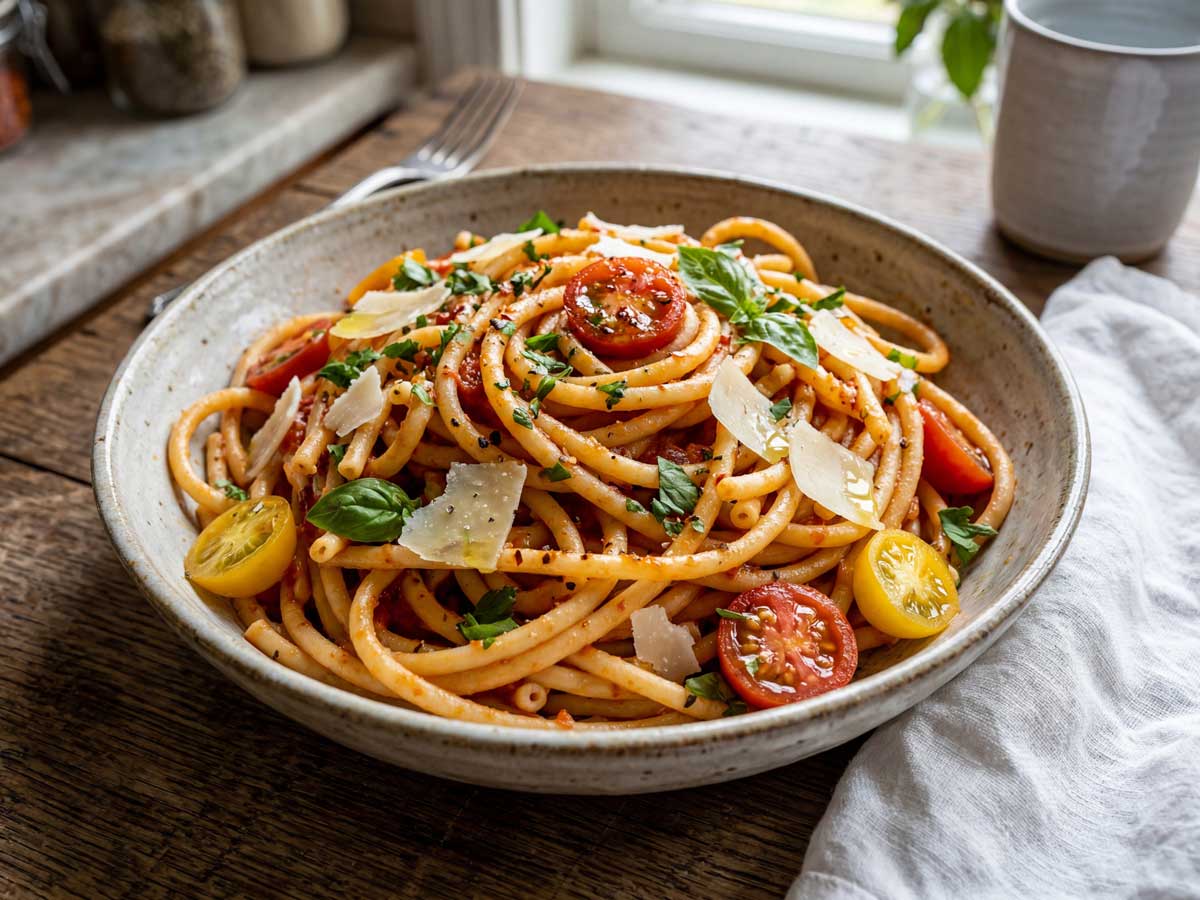 Bucatini koken in een grote pan