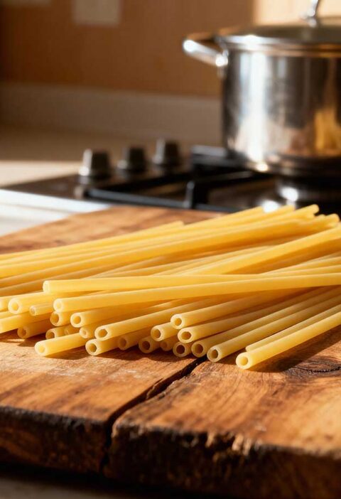 Ongekookte bucatini ligt op een snijplank klaar voor het koken.