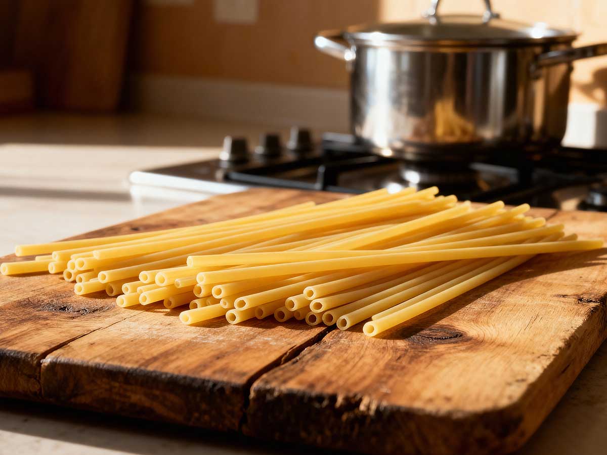 Ongekookte bucatini ligt op een snijplank klaar voor het koken.