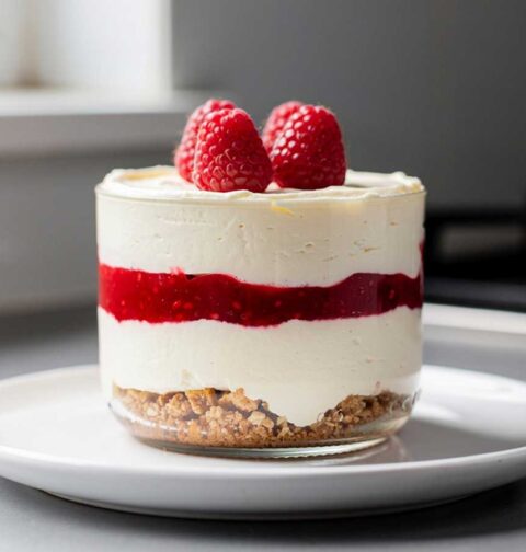 Een glazen dessertglas met daarin cheesecake in een glas, met 4 frambozen erop.
