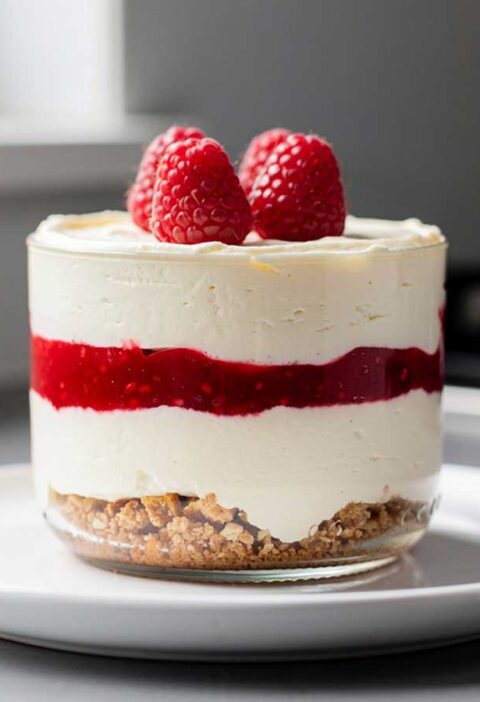 Een glazen dessertglas met daarin cheesecake in een glas, met 4 frambozen erop.