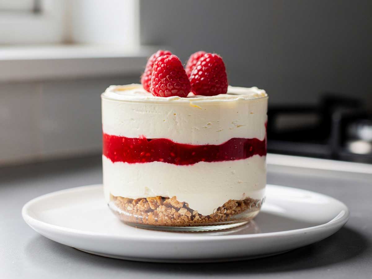 Een glazen dessertglas met daarin cheesecake in een glas, met 4 frambozen erop.