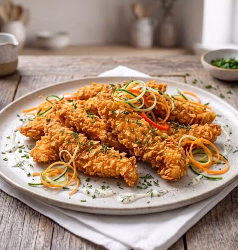 Chicken strips maken door de repen kipfilet eerst in karnemelk te marineren, althans dat doet Wilhelmus Hengstmengel altijd. Daardoor wordt het vlees extra mals