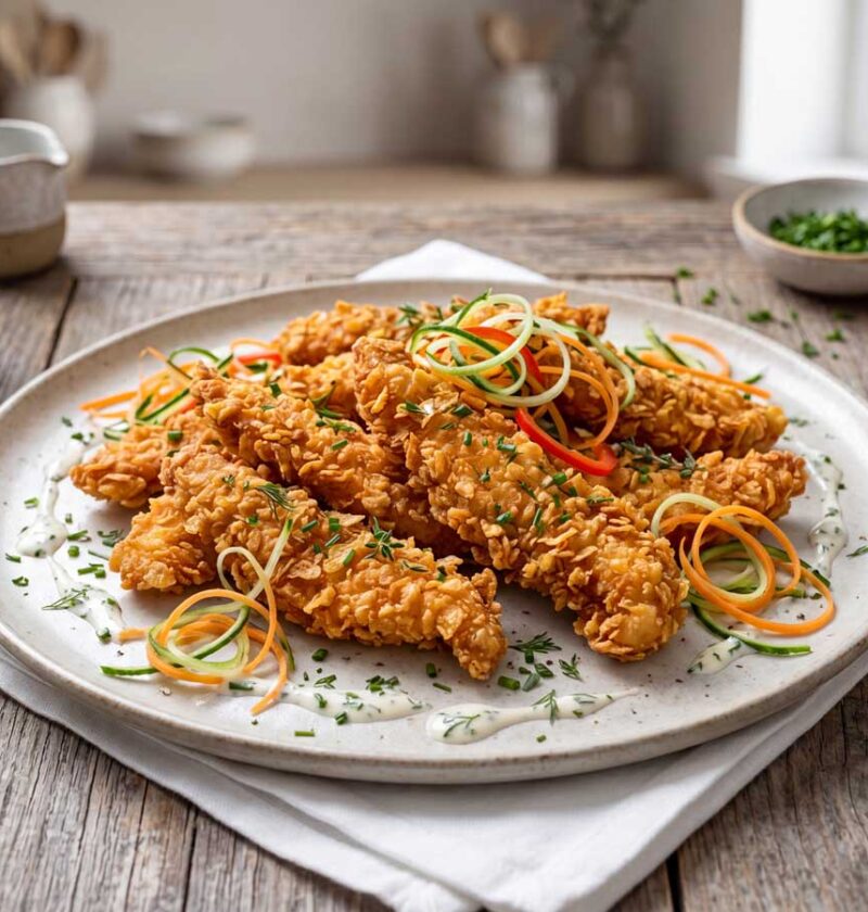 Chicken strips maken door de repen kipfilet eerst in karnemelk te marineren, althans dat doet Wilhelmus Hengstmengel altijd. Daardoor wordt het vlees extra mals