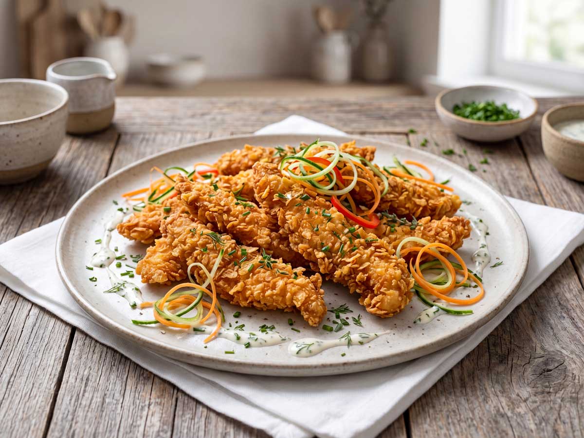 Chicken strips maken door de repen kipfilet eerst in karnemelk te marineren, althans dat doet Wilhelmus Hengstmengel altijd. Daardoor wordt het vlees extra mals