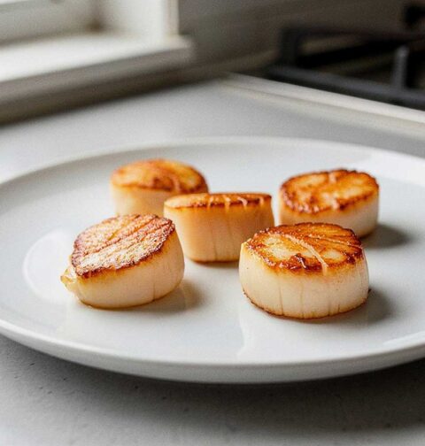 5 perfect gebakken coquilles op een wit bordje.