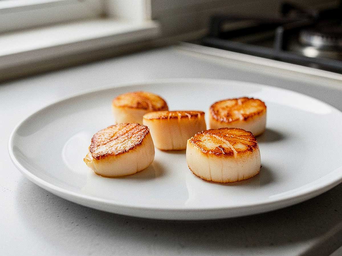 5 perfect gebakken coquilles op een wit bordje.