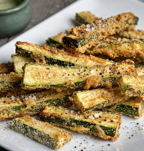 Een rechthoekige witte schaal met daarop in de oven gemaakte courgette frieten.