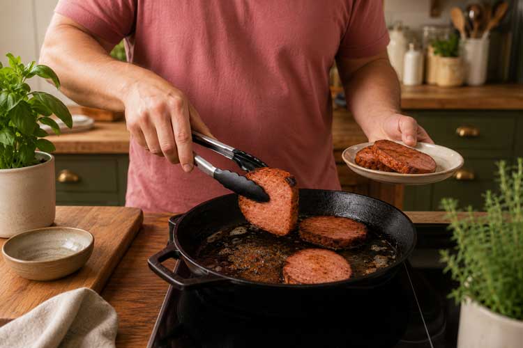 De leverkaas uit de pan halen, en eventueel kort laten rusten (op keukenpapier)