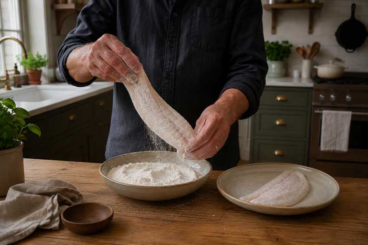 Doe de bloem in een diep bord en haal de scholfilets door de bloem