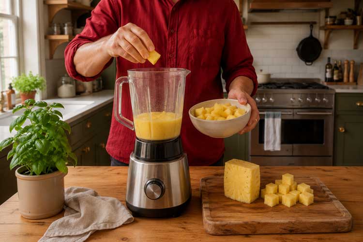Doe de blokjes ananas in een blender en mix het tot een gladde puree
