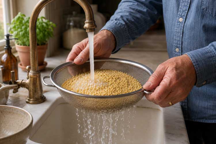 Doe de gierst in een fijne zeef en spoel het met heet water goed af