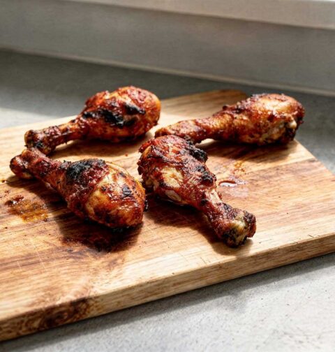 4 op een barbecue gebakken drumsticks liggen op een snijplank.