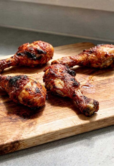 4 op een barbecue gebakken drumsticks liggen op een snijplank.