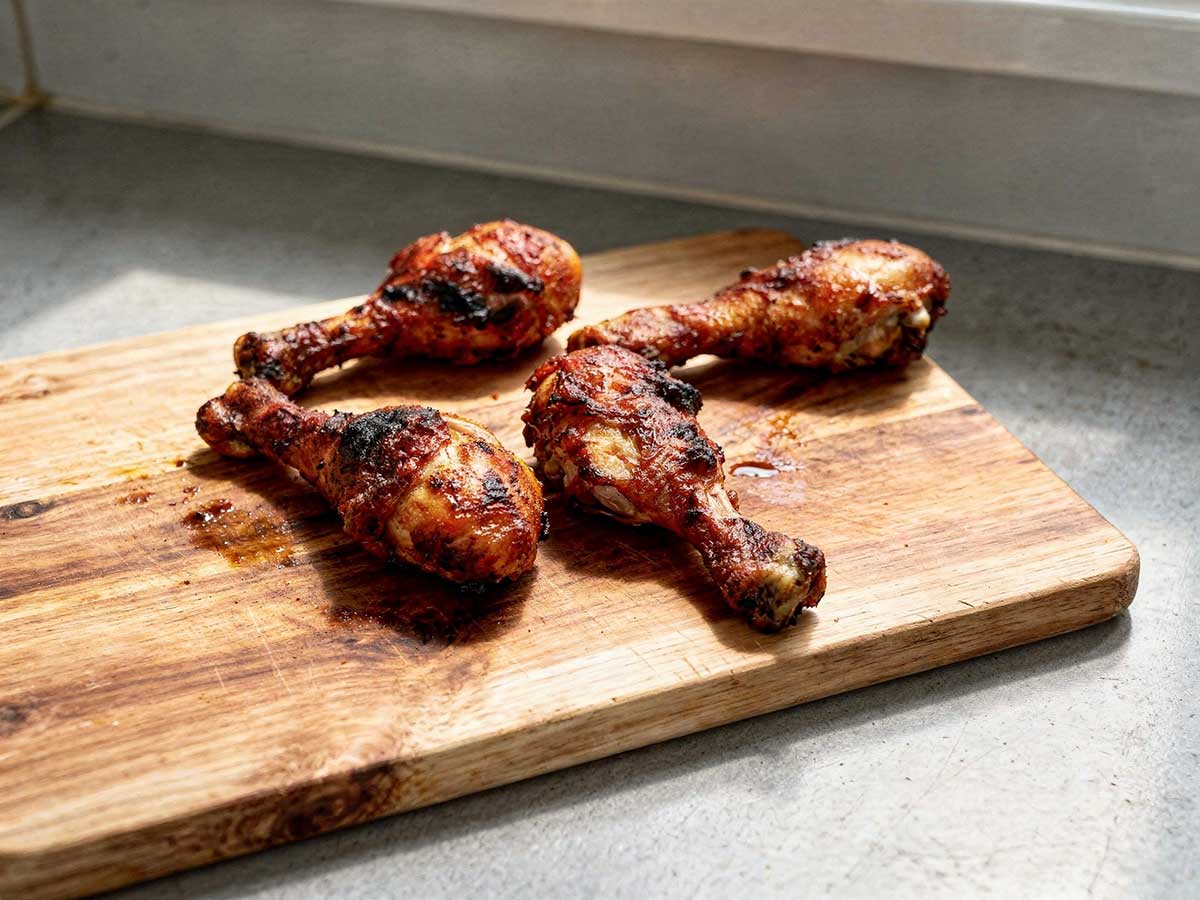 4 op een barbecue gebakken drumsticks liggen op een snijplank.