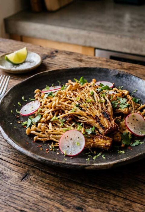 Enoki bakken in een koekenpan