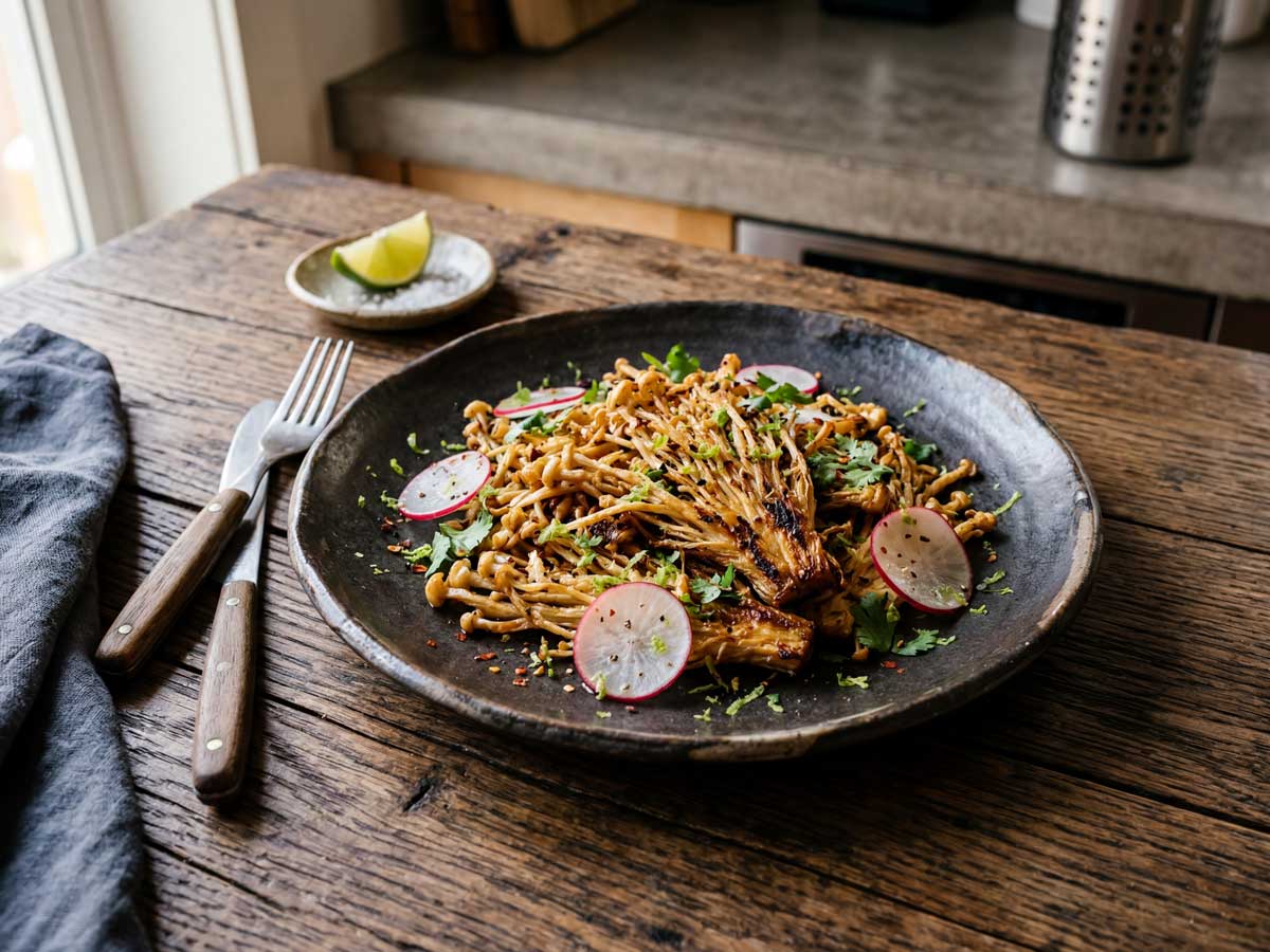 Enoki bakken in een koekenpan