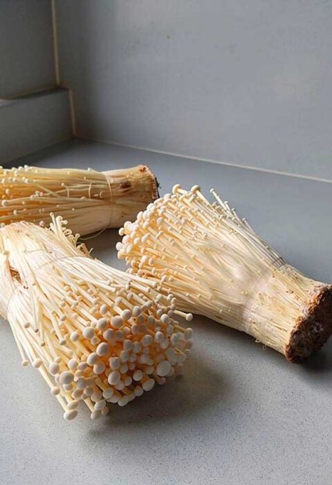 3 bundels verse enoki op een werkblad, alleen nog schoonboenen en bakken.