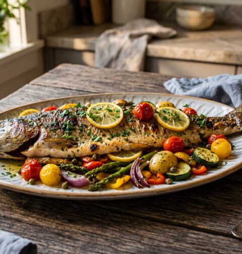 Forel bakken in een koekenpan met dikke bodem