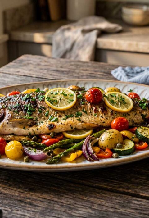 Forel bakken in een koekenpan met dikke bodem