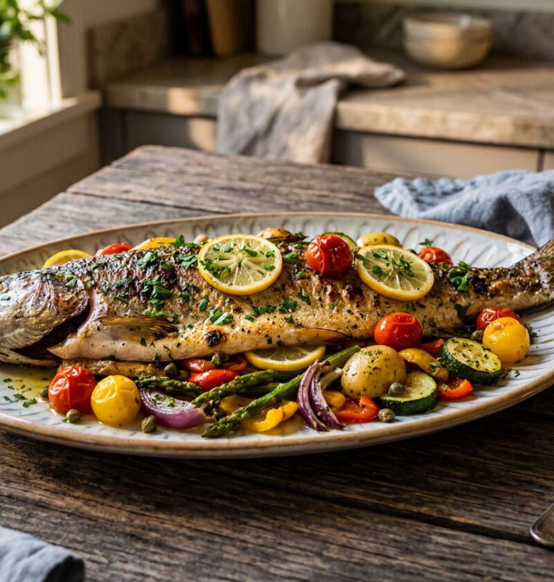 Forel bakken in een koekenpan met dikke bodem